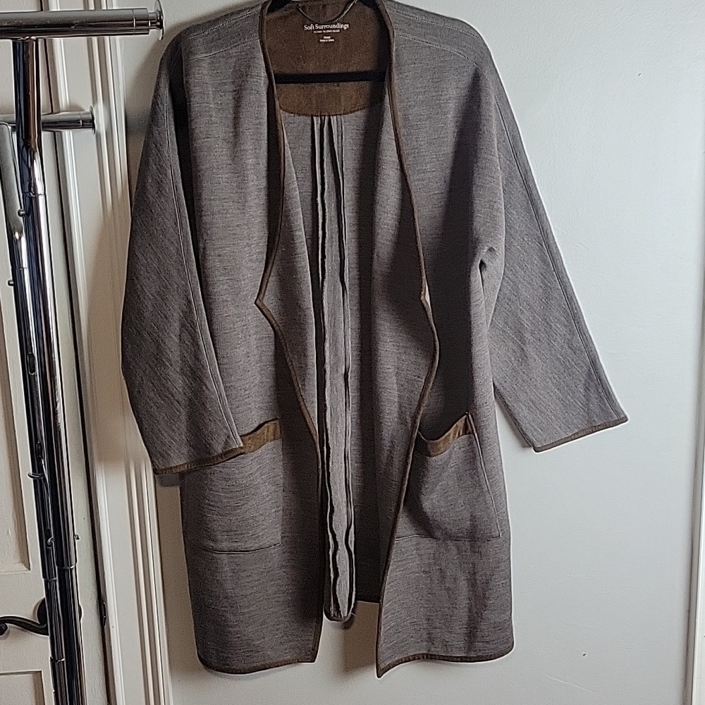 Soft Surroundings-Heather Brown Trimmed Wool Blend Open Cardigan-Size Small